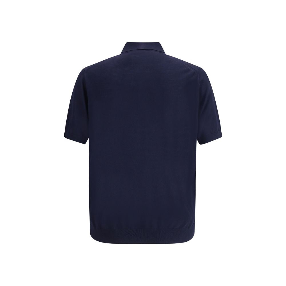 Alt Tag: Back view of Prada Blue Fleece Wool Polo Shirt with classic ribbed collar and discreet logo.