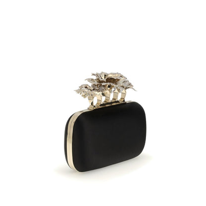 Alexander McQueen Black Silk Clutch Bag with gold carnation knuckle handle and chain.