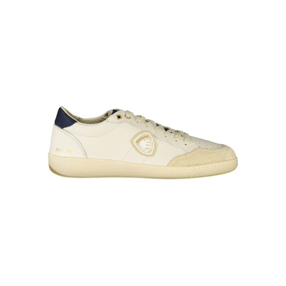 Blauer White Polyester Sneaker with blue details, lace-up sports shoe, removable insole, logo print, and contrasting accents.