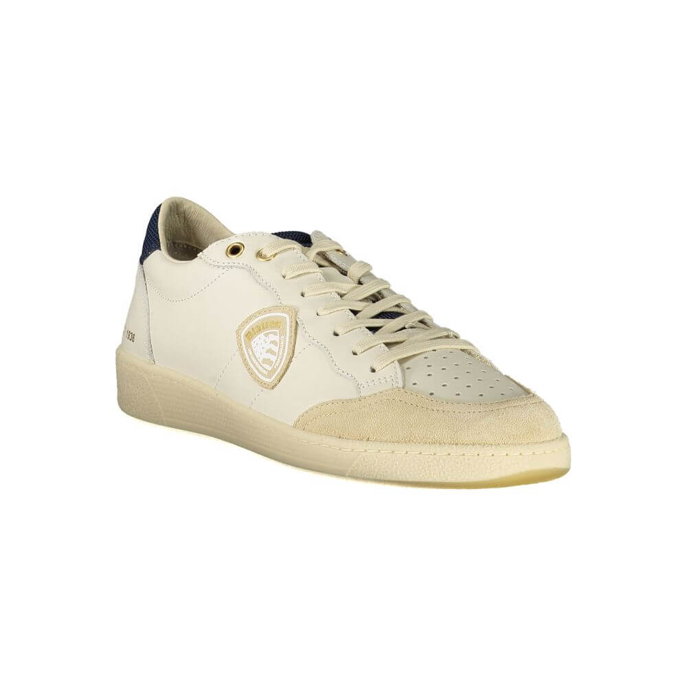 Blauer White Polyester Sneaker featuring blue accents, laces, removable insole, and logo print for a sporty look.