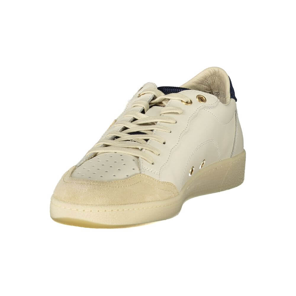 Alt Tag: Blauer White Polyester Sneaker with laces, blue accents, and removable insole, featuring brand logo.