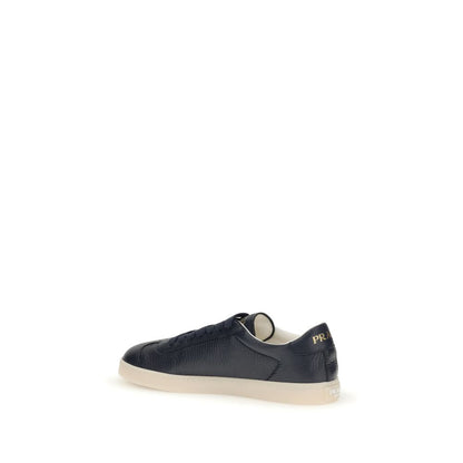 Prada Blue Calf Leather Bos Taurus Low Top Sneakers, featuring embossed logo and triangle, made of fine grained deerskin leather.