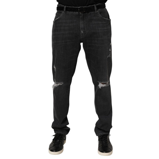 Dolce & Gabbana Black Cotton Slim Fit Distressed Ripped Logo Jeans