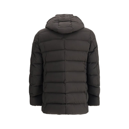 MooRER Black Polyamide Coat - Rear View of Florio Down Jacket with Removable Hood, Slim Fit
