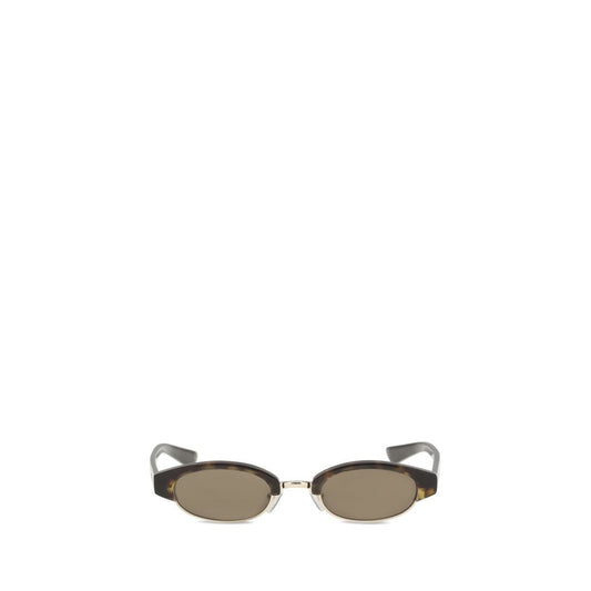 Alt Tag: Alexander McQueen Brown Acetate Sunglasses with narrow oval silhouette and semi-rimless frame, featuring McQueen logo on temples.