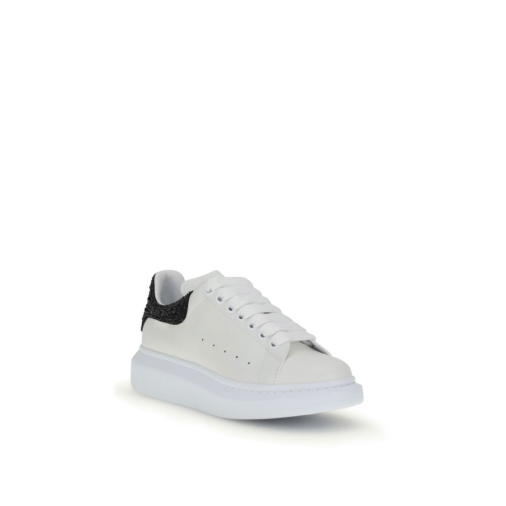 Alexander McQueen White Leather Chunky Sneakers with crystal-adorned black heel and thick rubber sole, made in Italy.