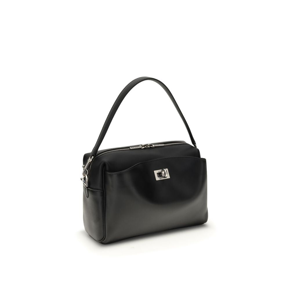 Balenciaga Black Calf Leather Bos Taurus Shoulder Bag with silver-tone hardware, front pocket, and adjustable strap.
