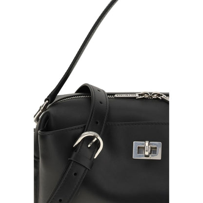 Close-up of Balenciaga Black Calf Leather Bos Taurus Shoulder Bag with silver hardware and adjustable strap.