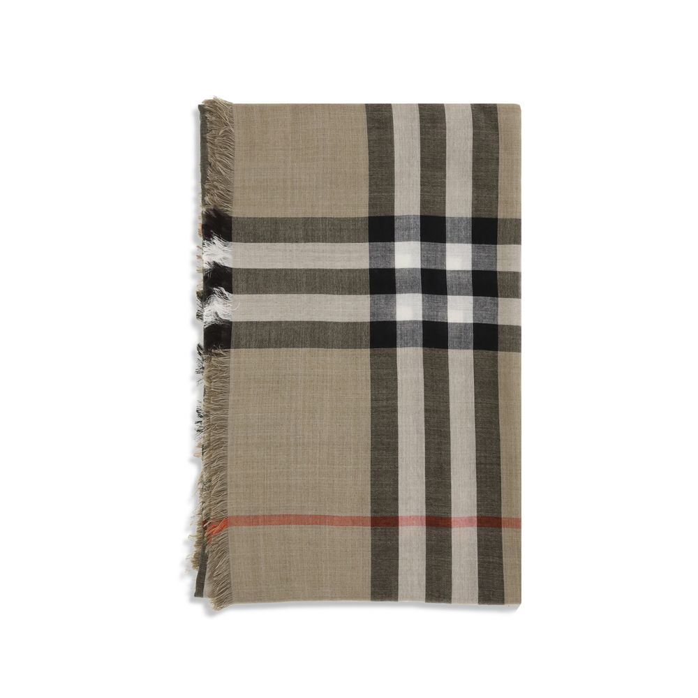 Burberry Beige Wool Scarf with check pattern, crafted in Italy from wool and silk blend, featuring fringed edges for elegant style.