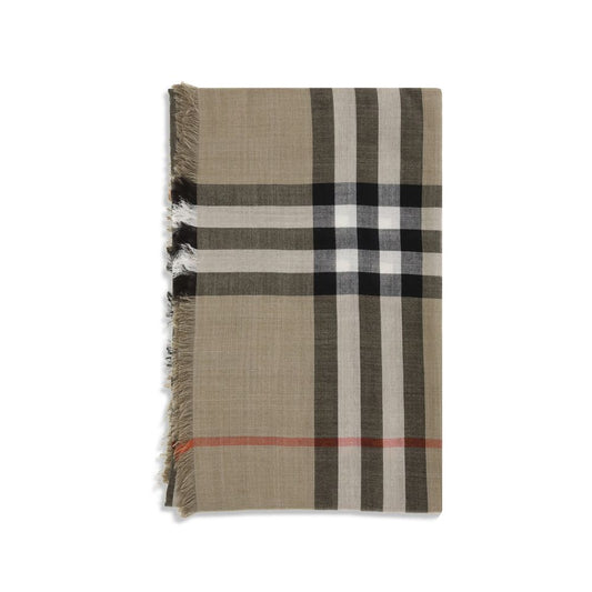Burberry Beige Wool Scarf with check pattern, crafted in Italy from wool and silk blend, featuring fringed edges for elegant style.