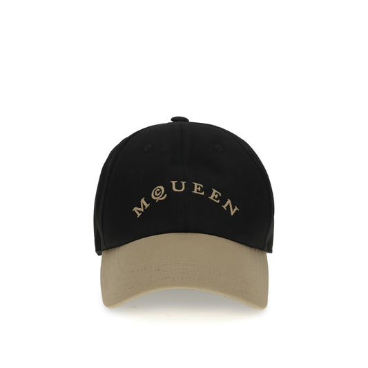 Alexander McQueen Black Cotton Cap (Baseball Hat) with beige embroidered logo, adjustable leather closure, and 100% cotton composition.