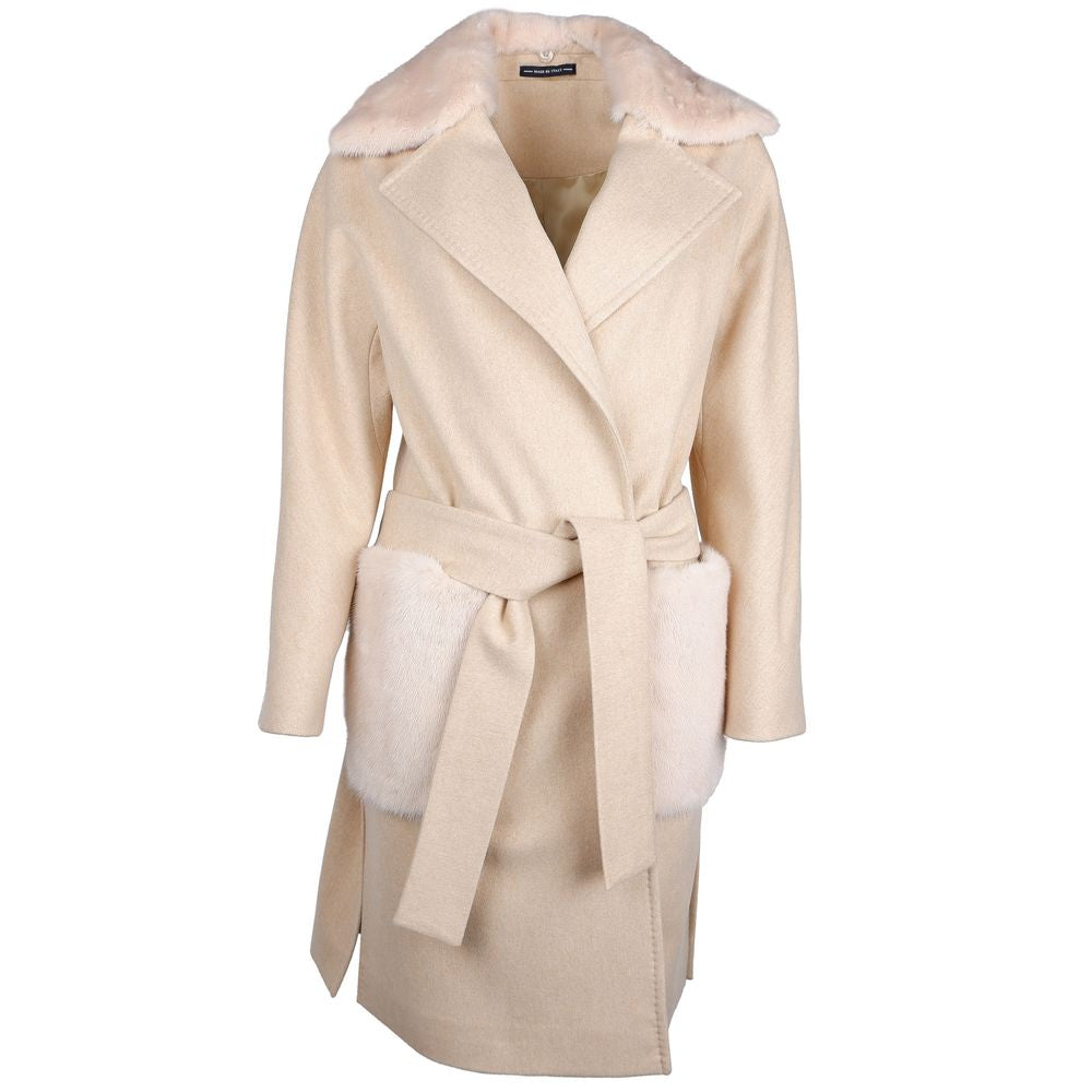 Made in Italy Beige Wool Women Coat with Rabbit Fur Collar, featuring Loro Piana fabric and elegant ribbon belt, showcasing Italian craftsmanship.