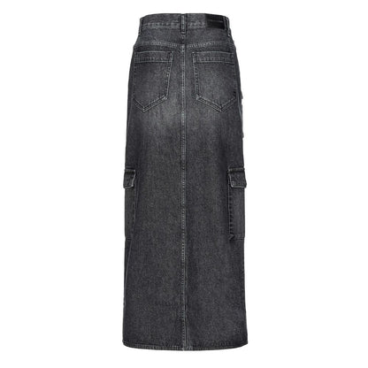 PINKO Black Cotton Skirt featuring long design, zip closure, back and flap pockets, side pockets. Perfect for stylish outfits.