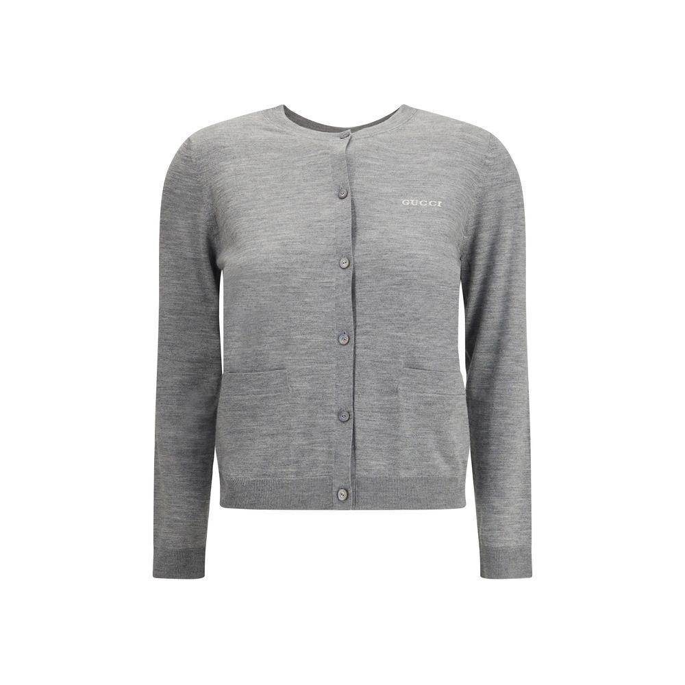 Gucci Gray Cashmere Cardigan with ribbed crew neck, front button closure, and patch pockets for AW25 season.