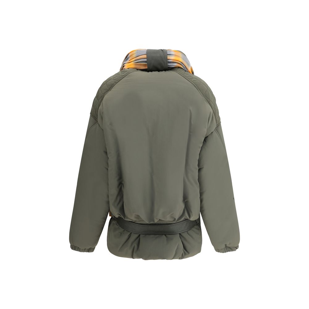 Back view of MARBELL Green Polyamide Shell Jacket with quilted details and removable scarf.