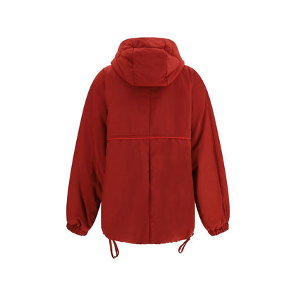 Alt Tag: Back view of MARBELL Red Polyamide Shell Jacket with hood and drawstring hem, featuring oversize fit and contrasting details.