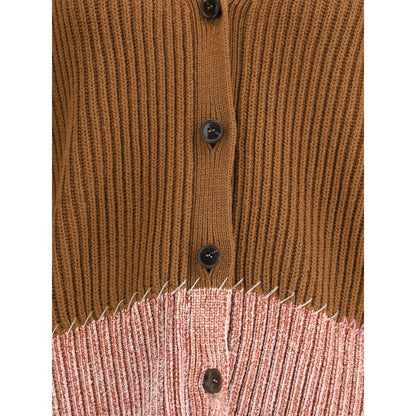 Marni Brown Viscose Cardigan with pink chenille underside and faux raw seams, handcrafted for versatile and elegant fashion.