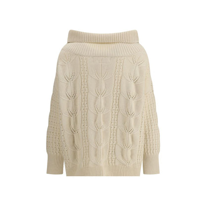 Ermanno Scervino Cream Cashmere Sweatshirt with wide ribbed collar and perforated design for autumn/winter elegance.
