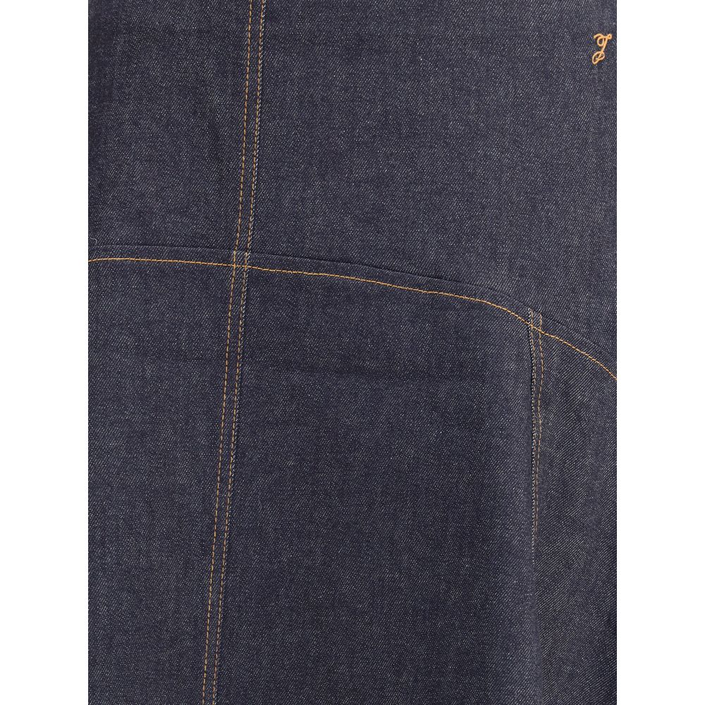 Jacquemus Blue Cotton Midi Skirt with contrast stitching and J embroidery detail, featuring a structured denim design for AW25 collection.