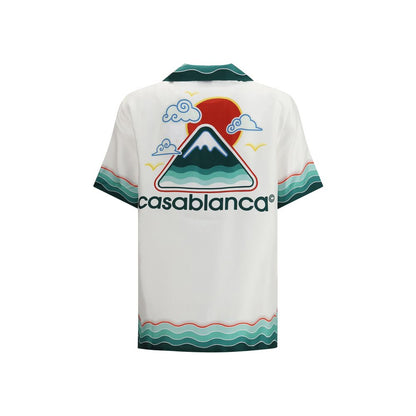 Casablanca White Silk Pattern Shirt with Japanese-inspired print, Cuban collar, and oversize fit, back view with logo and design details.