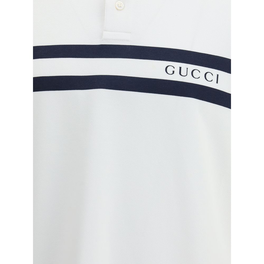 Gucci White Cotton Polo Shirt with black striped print and logo, regular fit, 95% cotton, 5% elastane, modern and distinctive look.