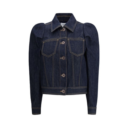 Alexander McQueen Blue Cotton Denim Jacket with pointed shoulders, contrast stitching, and Italian collar, suitable for casual-chic outfits.