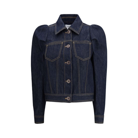 Alexander McQueen Blue Cotton Denim Jacket with pointed shoulders, contrast stitching, and Italian collar, suitable for casual-chic outfits.