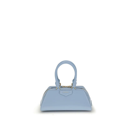 Givenchy Light Blue Calf Leather Bos Taurus Handbag with gold accents and adjustable shoulder strap on a white background.