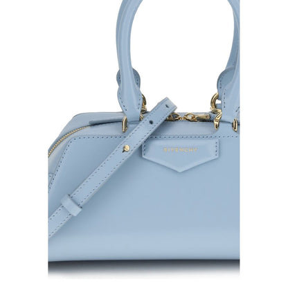 Givenchy Light Blue Calf Leather Bos Taurus Handbag with gold-finish detailing and pentagonal signature appliqué.