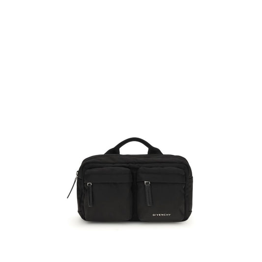 Givenchy Black Polyamide Shoulder Bag with two front zip pockets and logo, ideal for urban style and functionality.