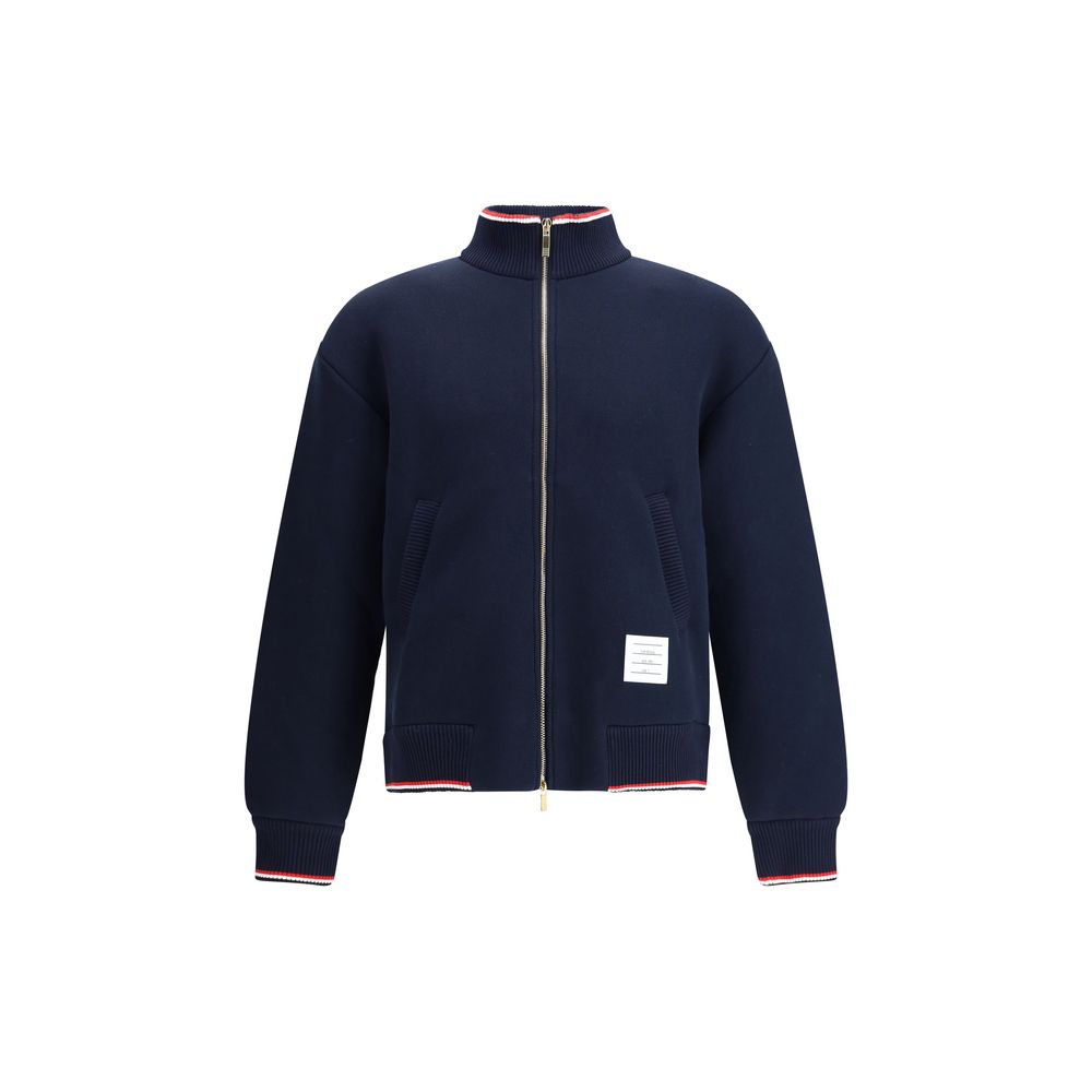 Thom Browne Blue Cotton Bomber with zipper, tricolor details, and brand logo patch, perfect for a modern, refined look, AW25, oversize fit.