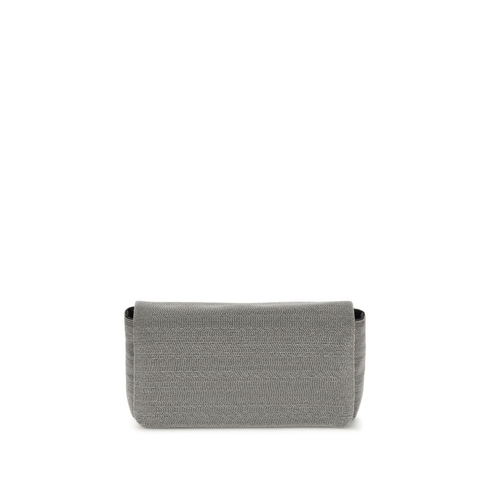 Brunello Cucinelli Gray Leather Shoulder Bag with magnetic flap closure and adjustable strap for versatile wear and elegant style.