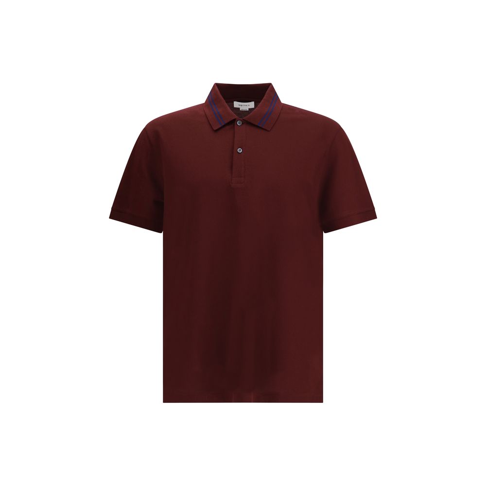 Alexander McQueen Bordeaux Cotton Polo Shirt with striped collar, 100% cotton, regular fit, logo on back, made in Italy, AW25 collection.