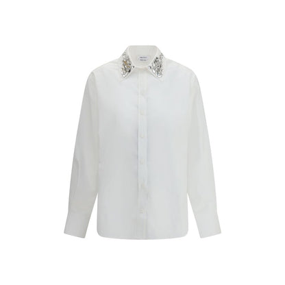 Alexander McQueen White Cotton Dress Shirt with embellished collar, perfect for formal and contemporary styles, made from 100% cotton.