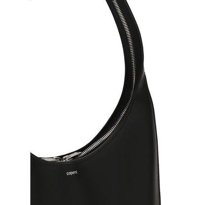 Close-up of Coperni Black Calf Leather Bos Taurus Shoulder Bag showcasing zipper and logo detail.
