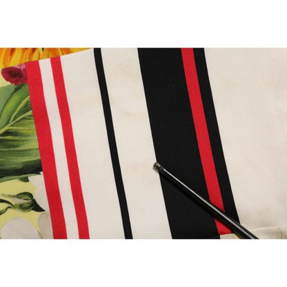 Dolce & Gabbana Multicolor Pachwork Charmeuse Floral Shift Dress fabric close-up showing stripes and floral pattern.