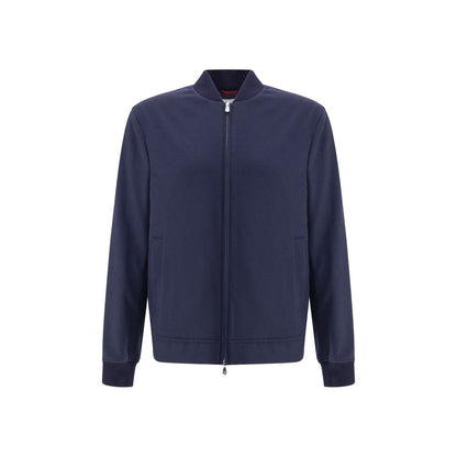 Brunello Cucinelli Blue Cashmere Bomber with double-slider zipper and ribbed cuffs, ideal for a modern, sophisticated AW25 style.