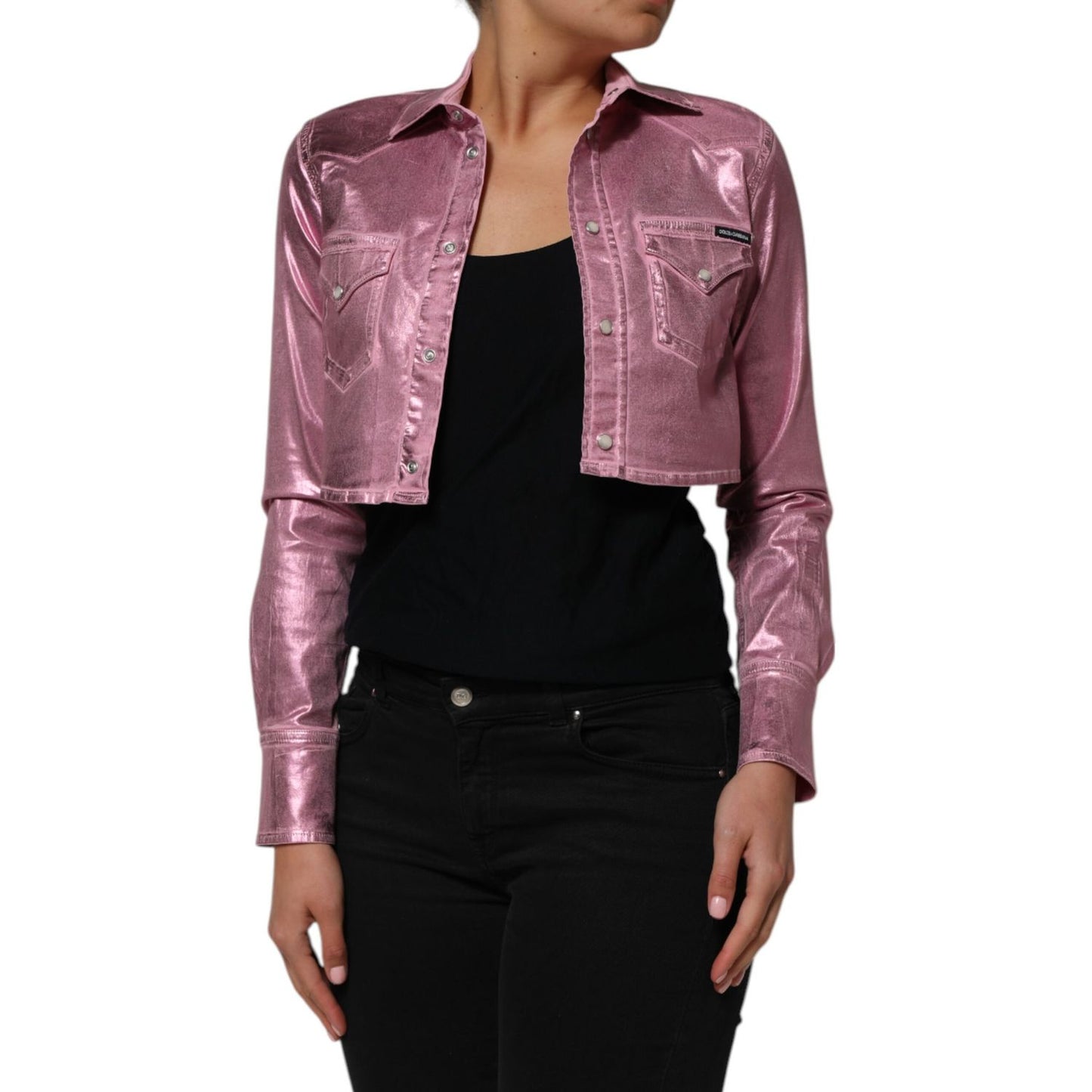 Dolce & Gabbana Pink Cotton Stretch Collared Cropped Jacket on model, long sleeve, soft pink hue, stylish and versatile fashion piece.