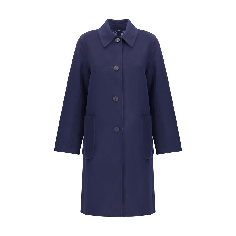 Tory Burch Blue Wool Coat with front button closure and patch pockets, reversible with T Monogram pattern, 98% wool, AW25 collection.