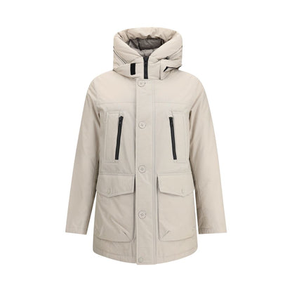 Woolrich Beige Cotton Parka with hood, high neck, front zipper and button closure, two slit and two flap pockets, AW25 season, regular fit.