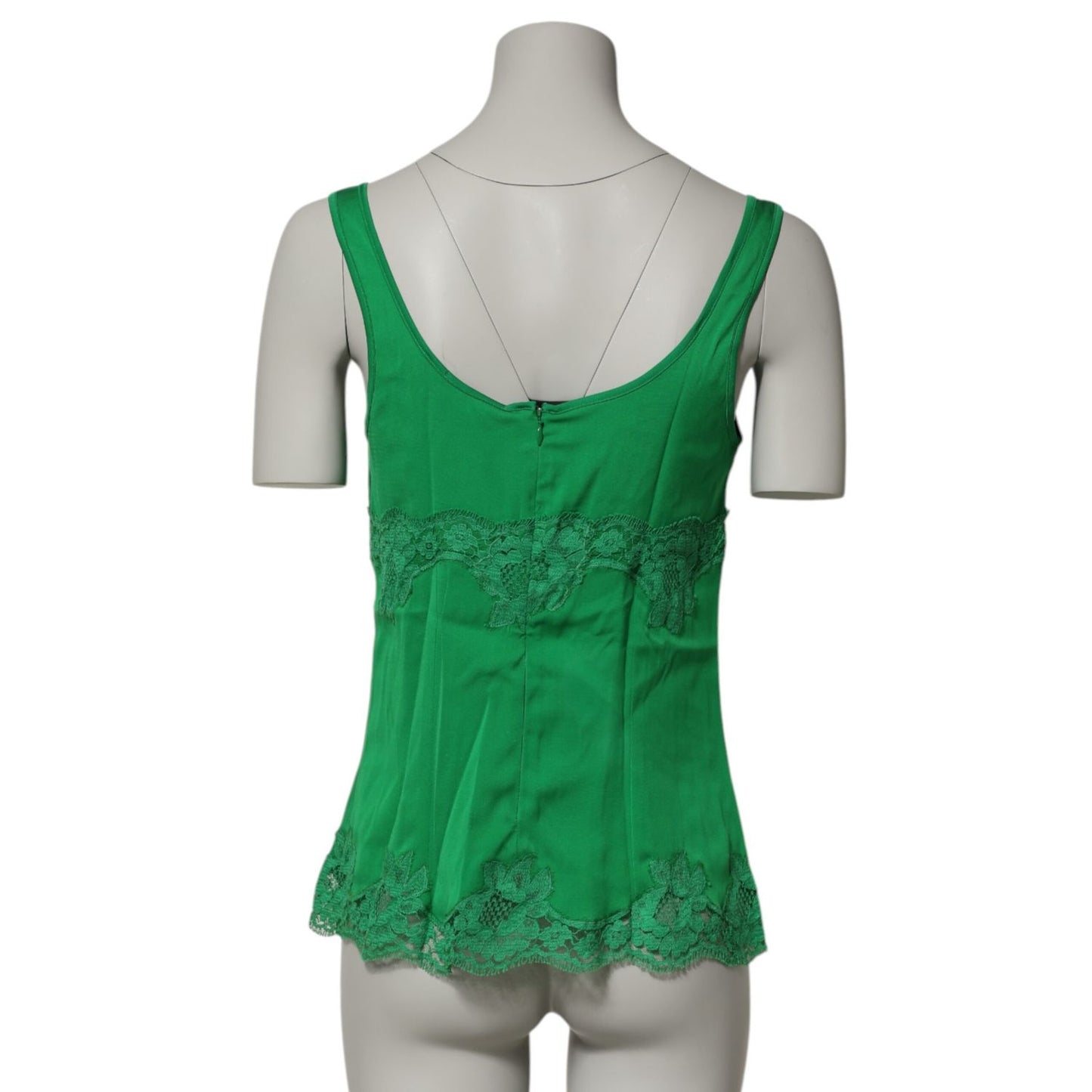 Dolce & Gabbana Green Floral Lace Tank Lingerie Top Underwear in silk with lace trim, rear view display on mannequin