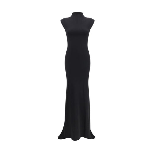 Jacquemus Black Viscose Cocktail Dress with high neckline, cap sleeves, and floor-length silhouette.