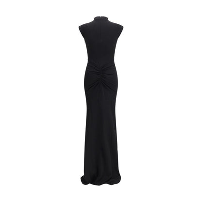 Jacquemus Black Viscose Cocktail Dress with ruched detailing, high neckline, cap sleeves, and slim fit, perfect for formal occasions.