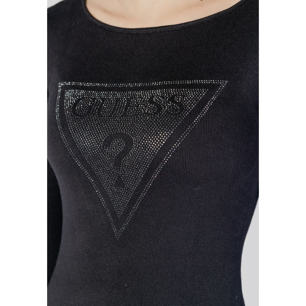 Close-up of Guess Black Viscose Sportswear with iconic triangle logo and sparkling details.