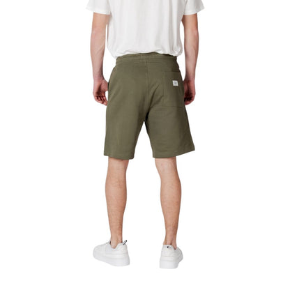 Back view of Replay Green Cotton Bermuda Shorts with elastic waistband and drawstring.
