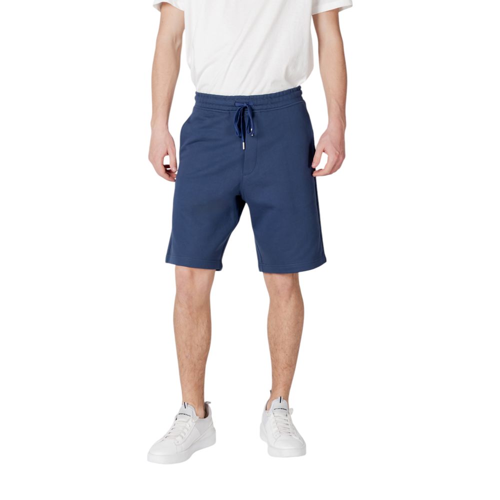 Model wearing Replay Blue Cotton Bermuda Shorts with elastic waistband and drawstring.