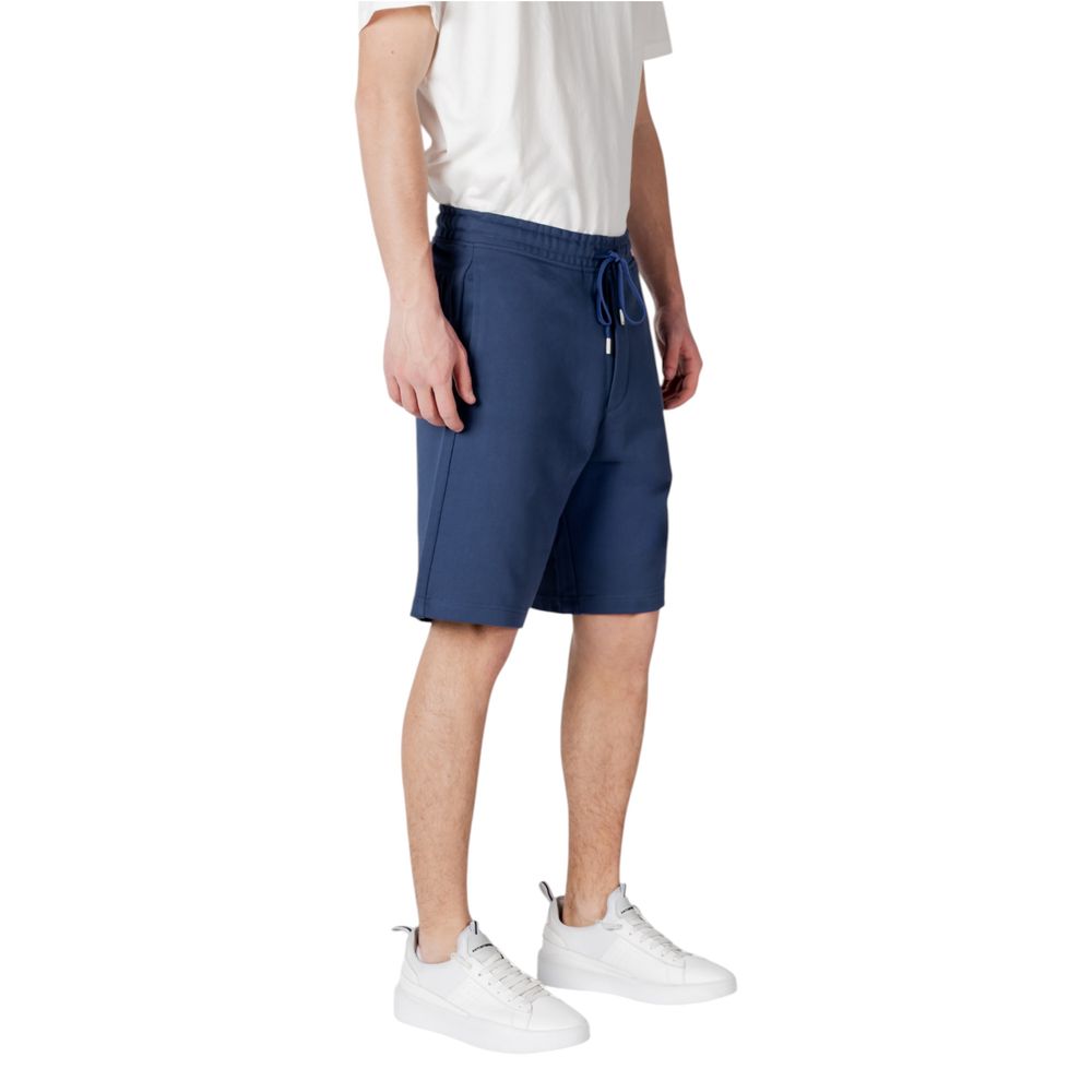 Man wearing Replay Blue Cotton Bermuda Shorts with sneakers and white t-shirt, focusing on comfort and style for warm weather.
