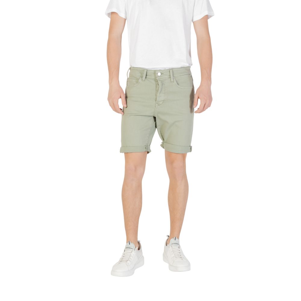 Replay Green Cotton Bermuda Shorts featured on a model wearing a white shirt and sneakers, showcasing the perfect casual summer look.