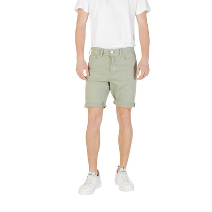 Replay Green Cotton Bermuda Shorts featured on a model wearing a white shirt and sneakers, showcasing the perfect casual summer look.