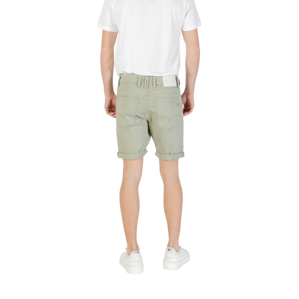 Model wearing Replay Green Cotton Bermuda Shorts, back view, showcasing summer style and comfort.